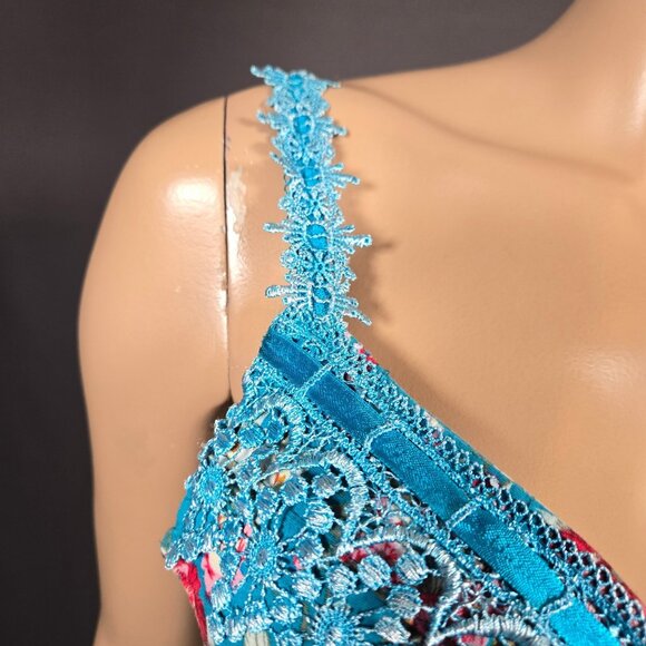 Y2K Blue Floral Lace Bustier Top Ribbon Bow Size M Fairy Feminine Coquette - Picture 4 of 10